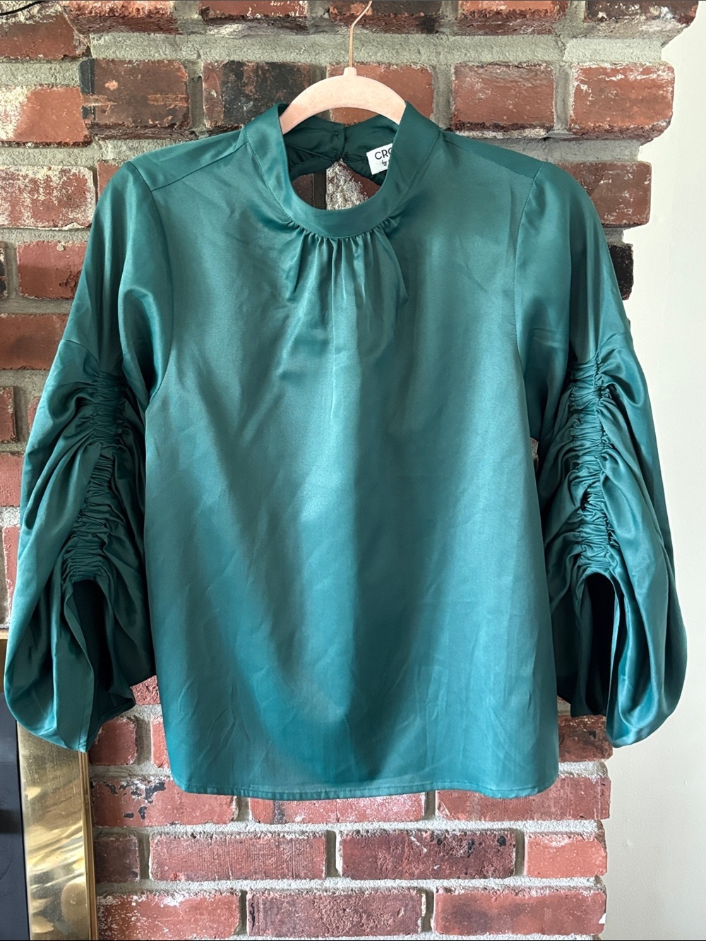CROSBY by Mollie Burch Teal Satin Ruched Sleeve Blouse Size Small
